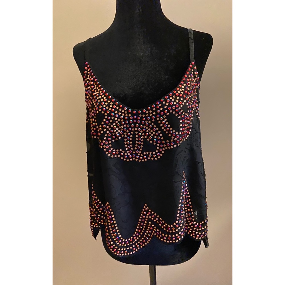 Black Chiffon-Like Top w/Rhinestone Border Detail